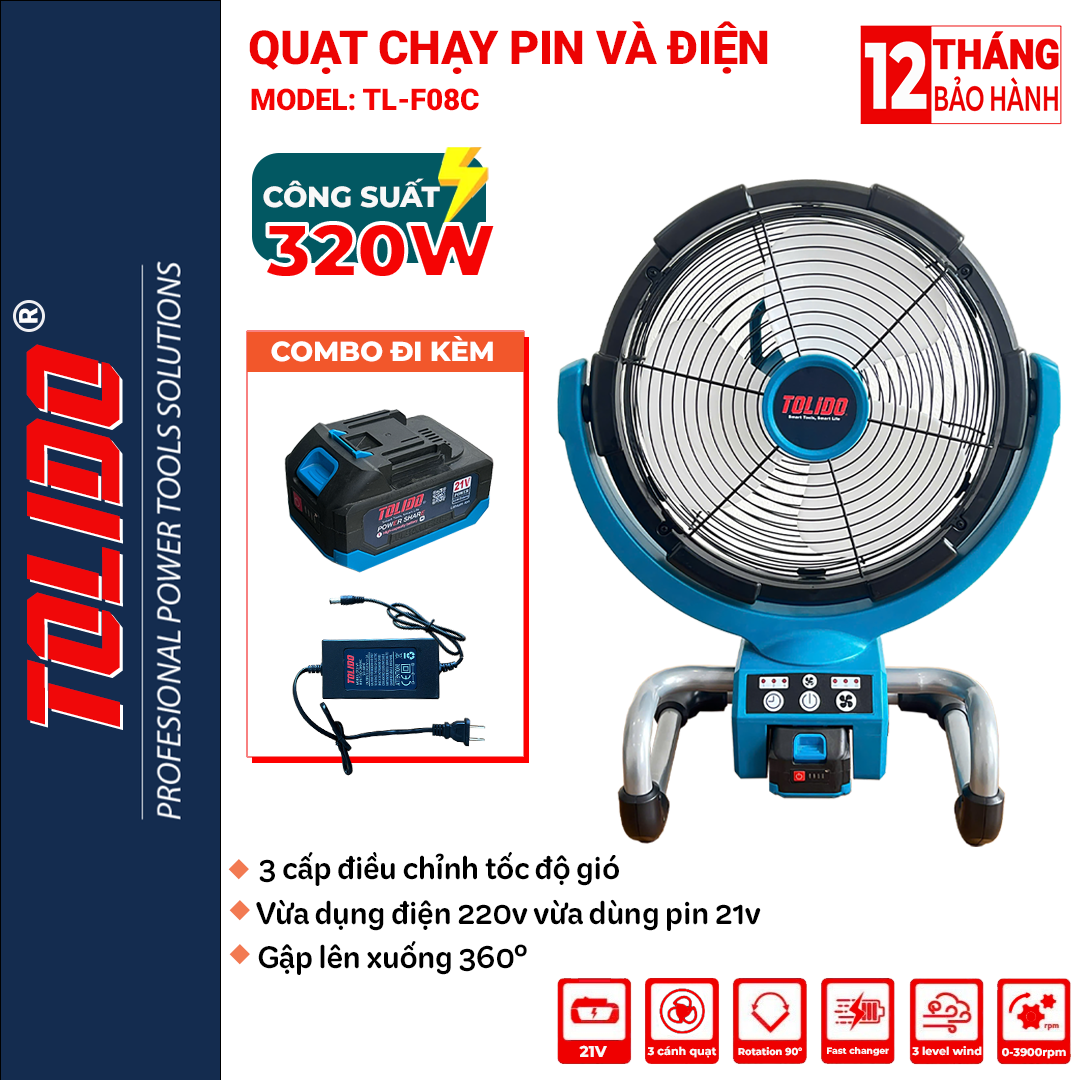 Quạt tích điện TOLIDO 21V, quạt dùng pin hoặc cắm điện, 3 cấp độ gió, chân pin phổ thông.