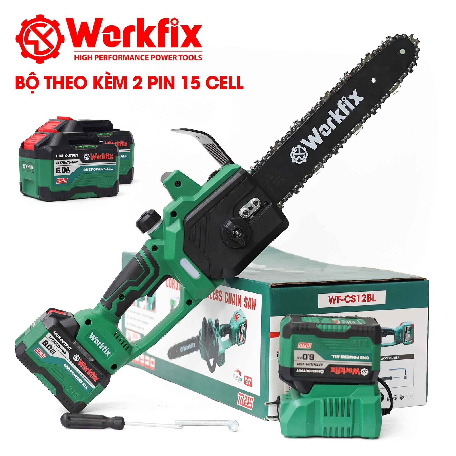 Máy cưa xích pin Workfix WF-CS12BL (Lam xích 30cm) - Chân pin phổ thông M21